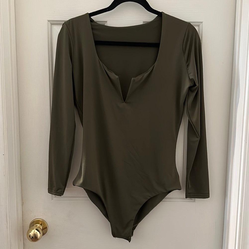 Olive Green Deep V Bodysuit